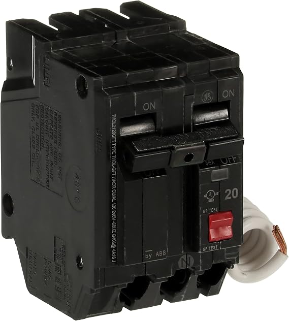 ABB Q-Line THQL2120GFTP 20A Double Pole Circuit Breaker 20 Amp Double Pole Ground Fault Breaker with Self-Test 120/240 VAC 2-Pole GFCI Breaker Ground Fault Circuit Interrupter