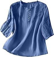 qvdvap Women's Cotton Linen Embroidered Blouse Puff 3/4 Sleeve Loose Fit Henley Neck Boho Summer Top