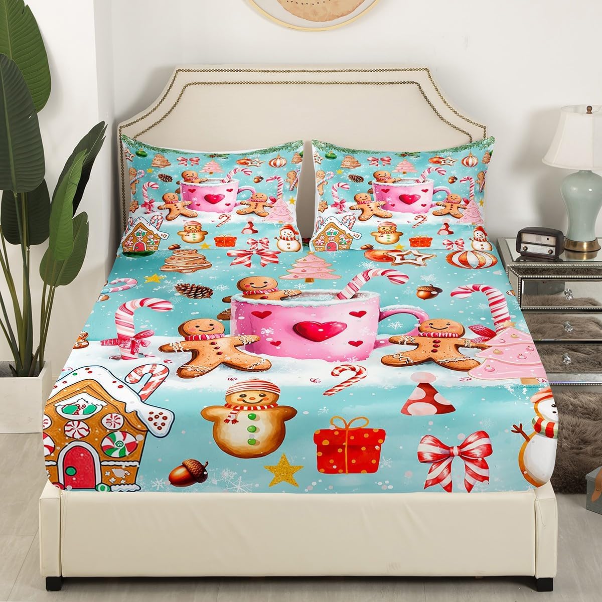 Cute Gingerbread Man Bed Sheet Set Full,Winter Christmas Candy Coffee Gift Bedding Sets for Bedroom Decor,Kawaii Gingerbread House Winter Snow Fitted Sheet + Flat Sheet + 2 Pillow Cases