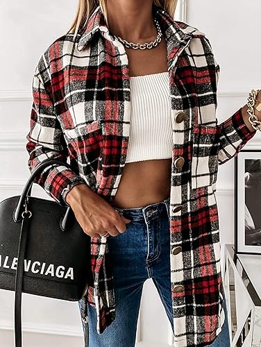 Miniatura 2 de Camisa de franela a cuadros para mujer, de manga larga, informal, longitud intermedia, con botones y bolsillos