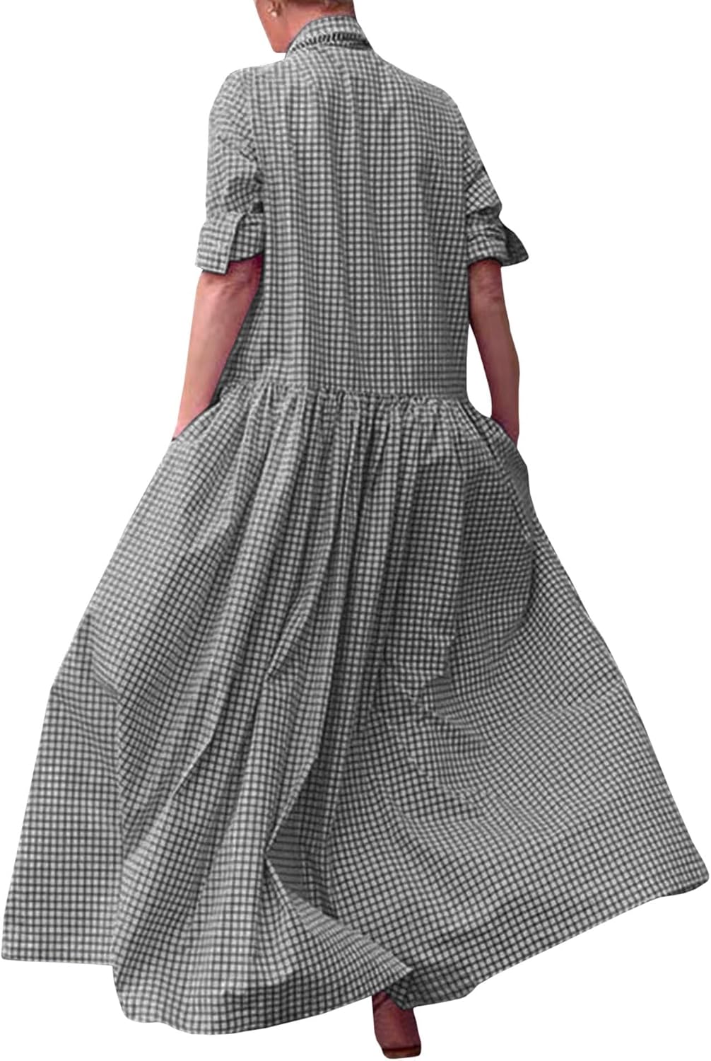 SOMTHRON Women's Retro Plaid Button Down Maxi Shirt Dress Roll Up Long Sleeve Gingham Pleated Swing Long Dress - Image 3