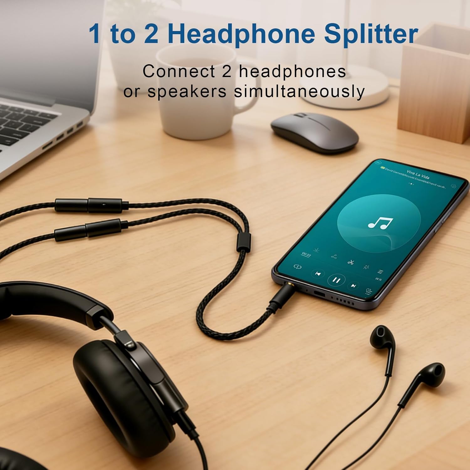 3.5mm Headphone Splitter, Premium Gold Plated Aux Cable Y Audio Splitter, Nylon Braided Stereo Dual Headphone Jack Cord 1 in 2 Way Out Headset Splitter for PC, Phones, Switch, Tablet
