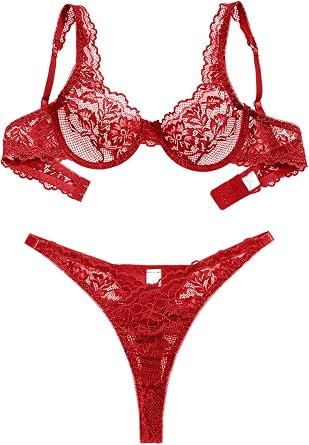 Foxiny Sexy Scallop Floral Lace Mesh Sheer Underwire Lingerie Set 2 Piece