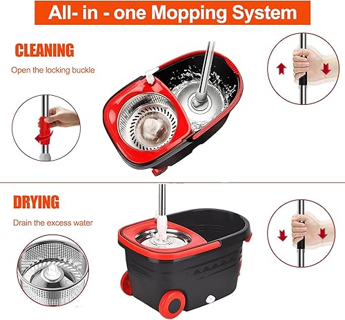 Miniatura 4 de Trapeador y cubo con escurridor, sistema de cubo giratorio de 360 con 3 trapeadores de microfibra, sistema de limpieza de pisos de acero inoxidable