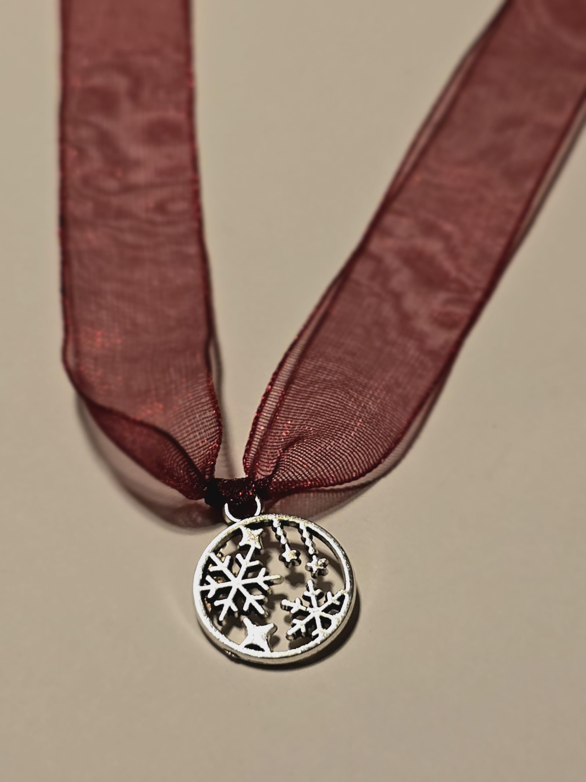 Silver And Burgundy Burgundy Red Christmas Napkin Ties With Round Silver Snowflake Charm, Set Of 6