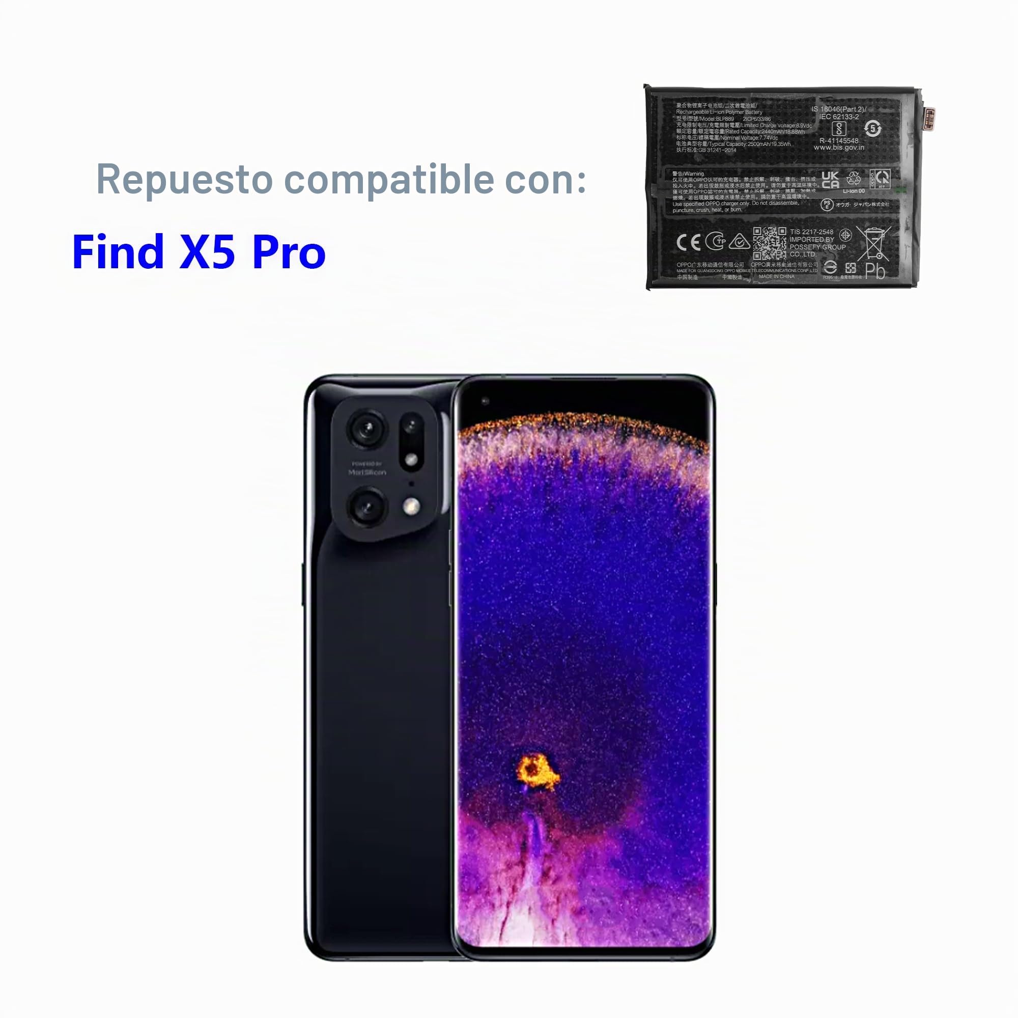 Batería de repuesto BLP889 de 2440 mAh, compatible con Oppo Find X5 Pro con juego de herramientas de reparación mejorado