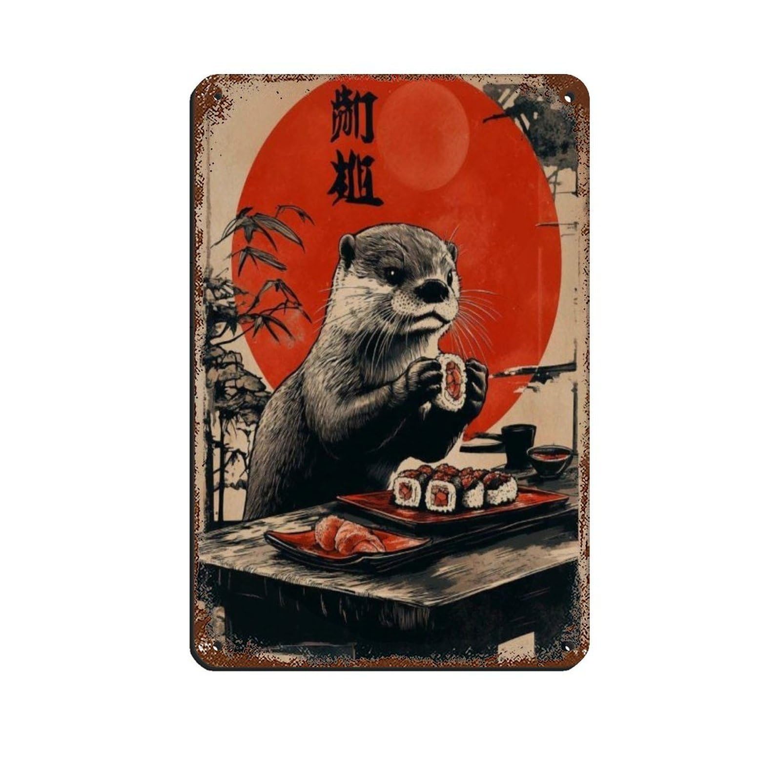 Cute Otter Eating Sushi Art Poster Retro Poster Metal Tin Sign Chic Art Retro Iron Painting Bar People Cave Cafe Family Garage Poster Wall Decoration 8x12inch(20x30cm)