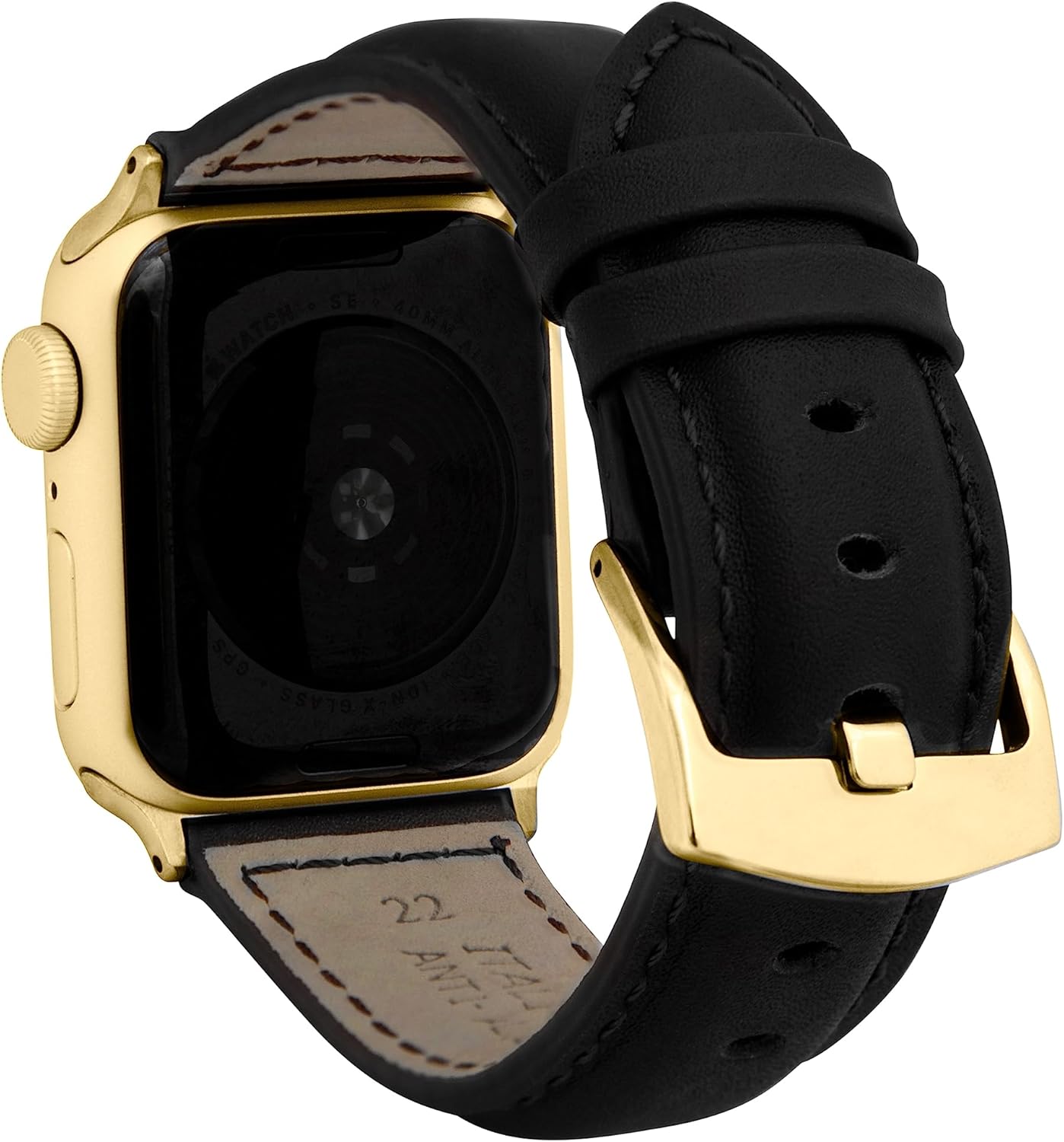 Bandini Mens Classic Leather Band for Apple Watch Band 46mm 45mm 42mm 44mm 41mm 40mm 38mm 49mm & Ultra 1 & 2, fits Apple Watch Series 11 10 9 8 7 6 5 4 3 SE, Extra Long XL, Black/Gold