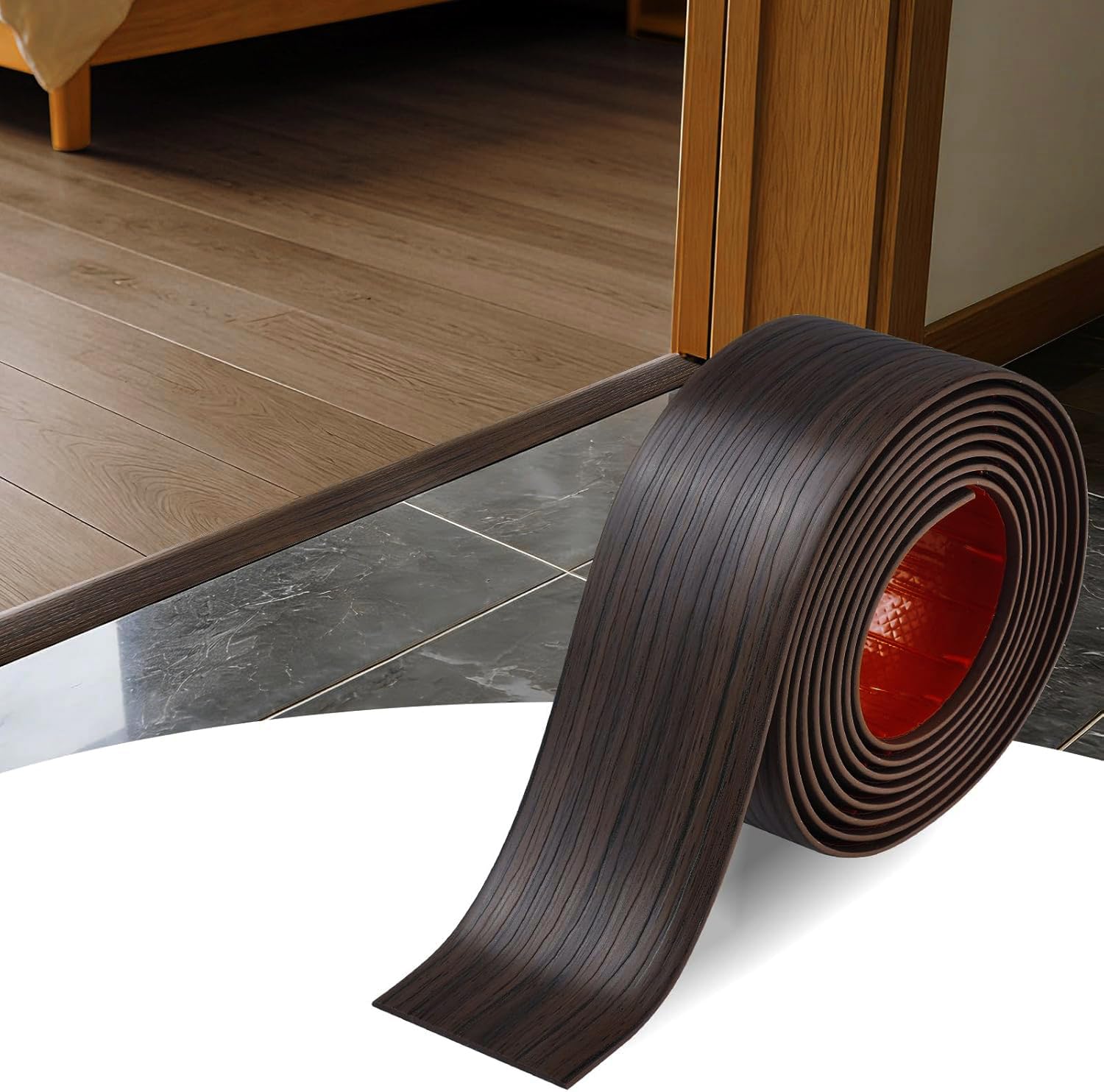 PVC Floor Transition Strip-2mm Thick×5cm Wide,Laminate Floor Cover Strips Self Adhesive Door Bar Divider Strip Flat Flooring Edge Joining Trim(9M,Brown Wood Grain)