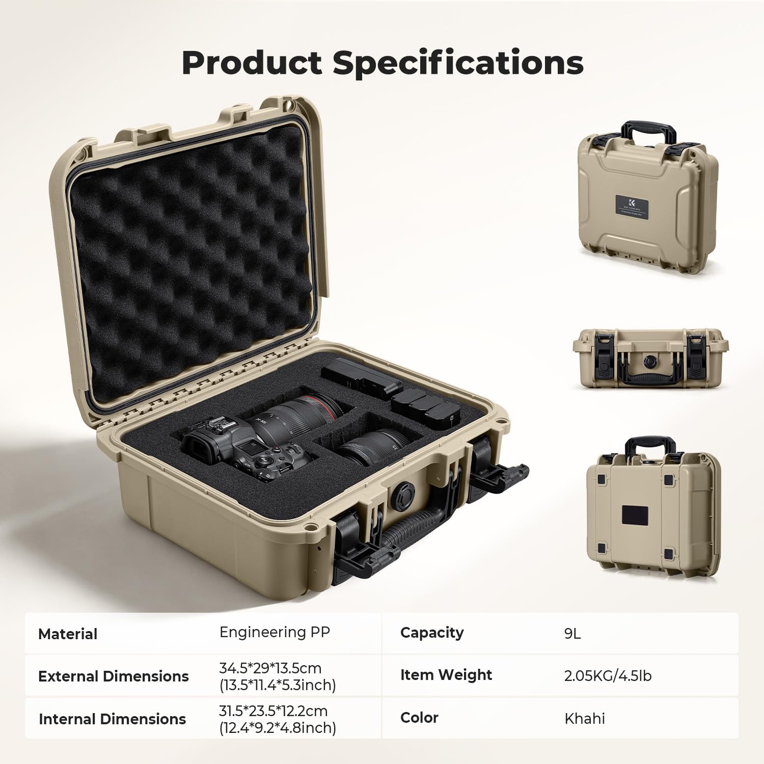 K&F CONCEPT Maletín Rígido, Maletín Fotográfico Exterior Impermeable IP67 y Resistente a los Golpes con Espuma Troquelada para Cámaras, Drones y Lentes | 34.5x29x13.5cm, Beige
