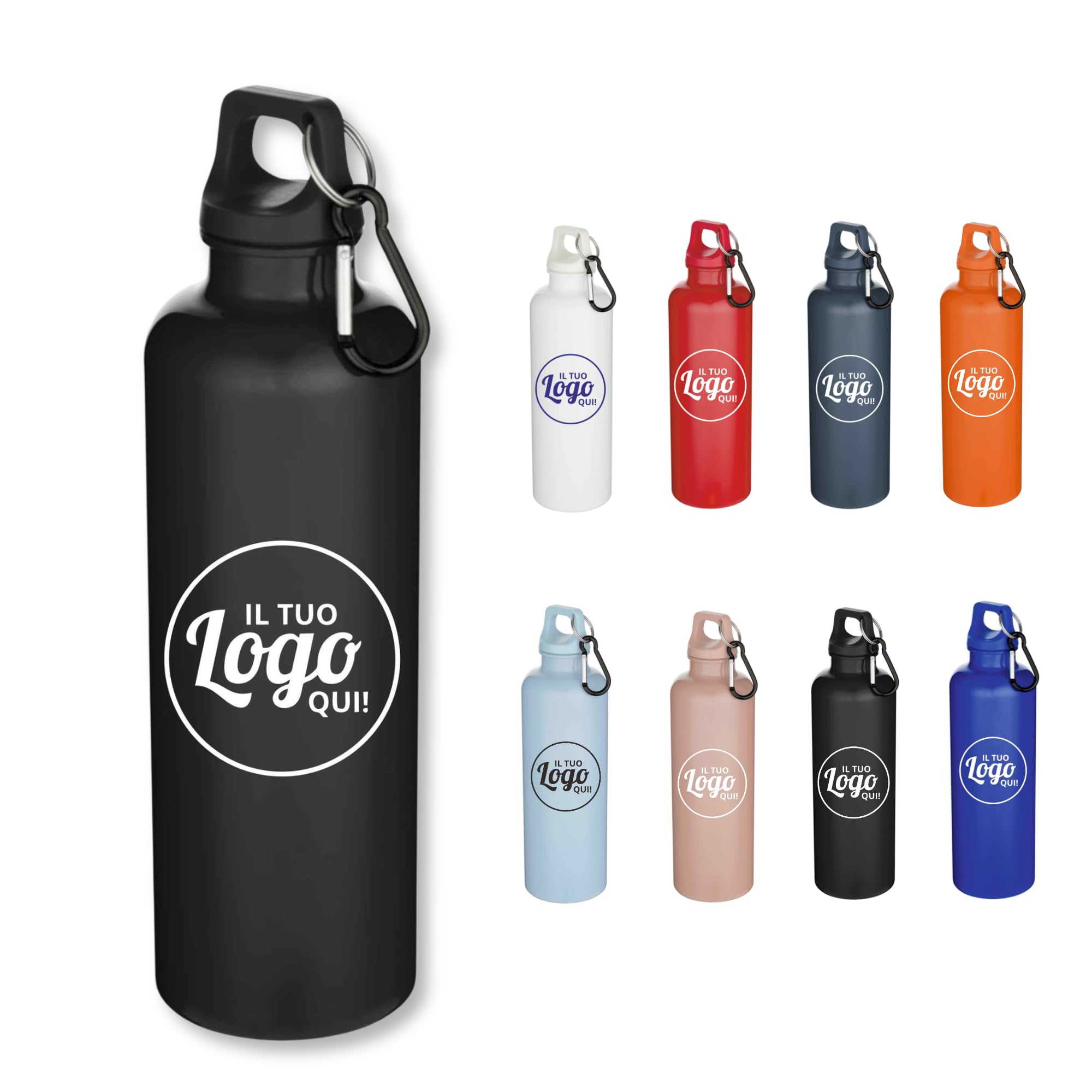 Set 25 Borracce Ecologica Personalizzabili, Made in Italy - 750ml in PET Riciclato Certificato RCS – Kit Personalizzato - Leggera con Moschettone e Tappo a Vite – Per Sport e Ufficio (25, Nera)