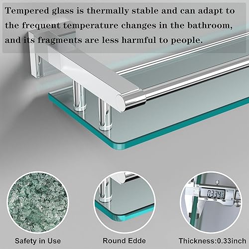 Miniatura 6 de SFGSOWOR Paquete de 2 estantes de vidrio para baño de 21 pulgadas, soportes rectangulares de acero inoxidable, vidrio templado, accesorios de