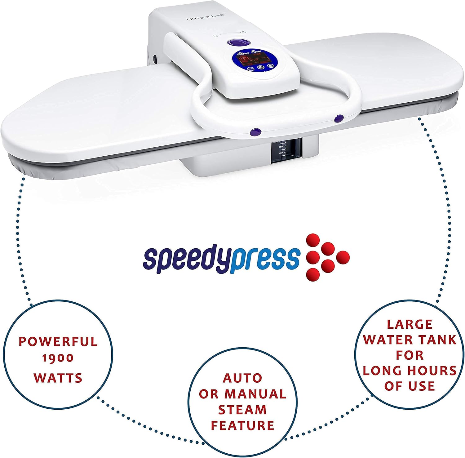 Oversized 35.5" Iron Press with Custom Stand Delivers 100 Lbs. of Pressing Pressure with Multiple Steam and Temperature Settings