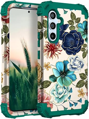 Hocase for Galaxy S25 Case, Shockproof Heavy Duty Protection Soft Silicone Rubber Bumper+Hard Plastic Hybrid Protective Case for Samsung Galaxy S25 5G 6.2" 2025 - Teal Flowers