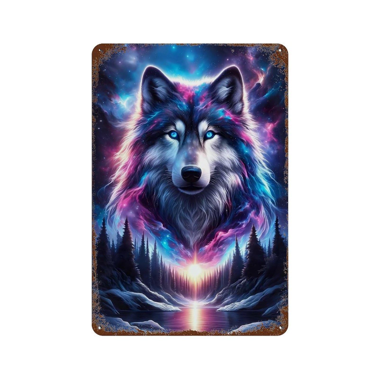 Weathered Tin Sign Cosmic Wolf 11.8"x7.9", Rustic Home Decor for Basement, Hobby Room And Garage Decor