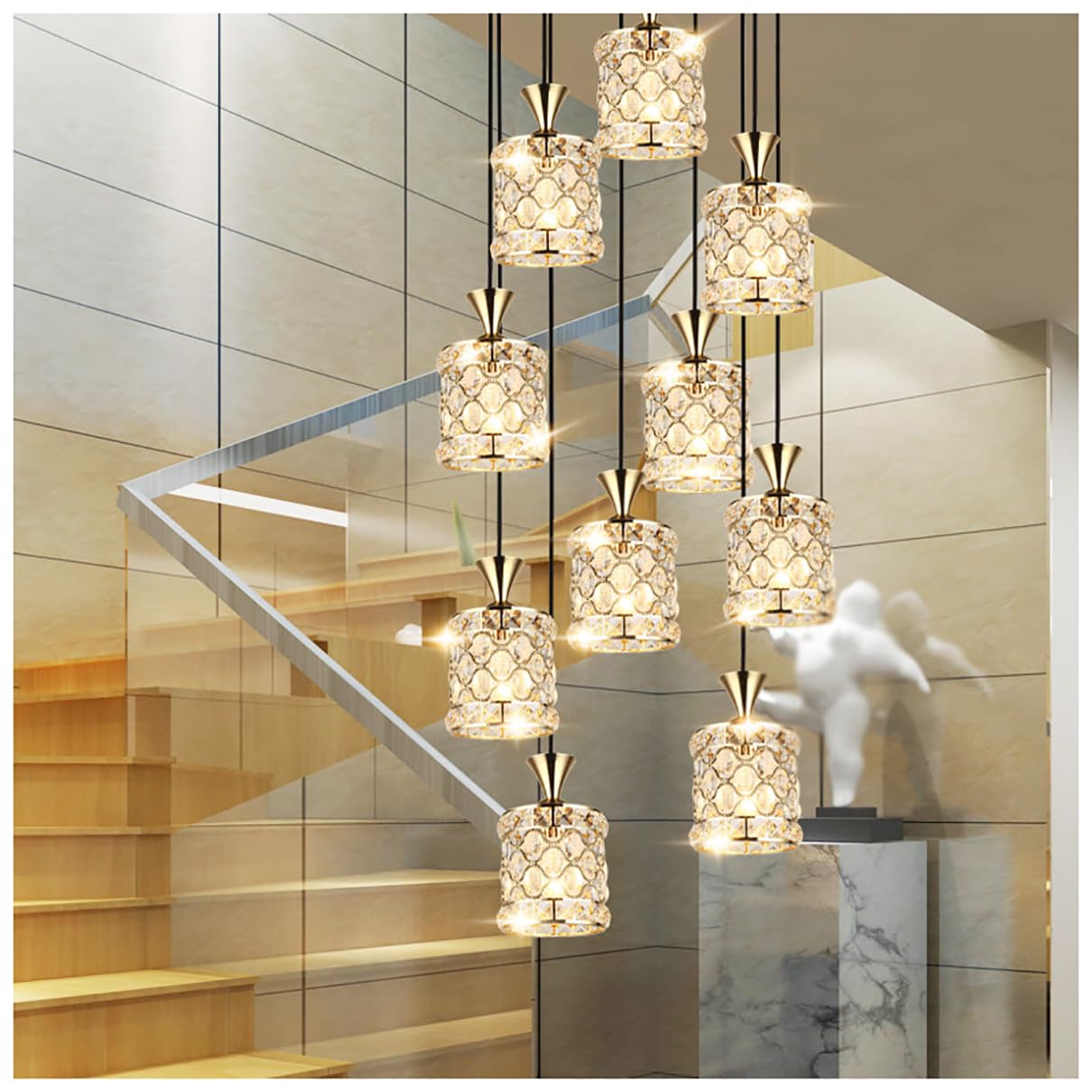 Lustre de luxe en cristal en spirale à suspension E27 pour grand salon