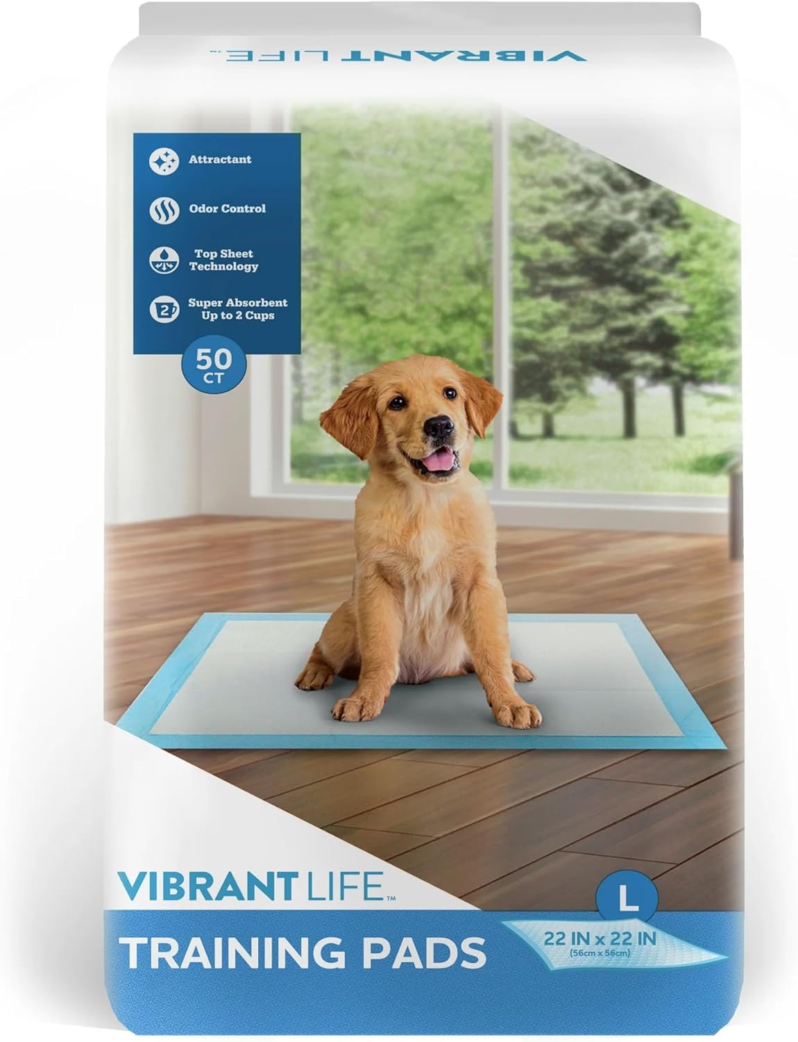 Vibrant Life Large Dog & Puppy Training Pads, 22 in x 22 in, Absorbent, Leak-Proof, Disposable, Odor Control, Built-in Attractant, Unscented, Perfect for Potty Training & Daily Use (50 Ct)