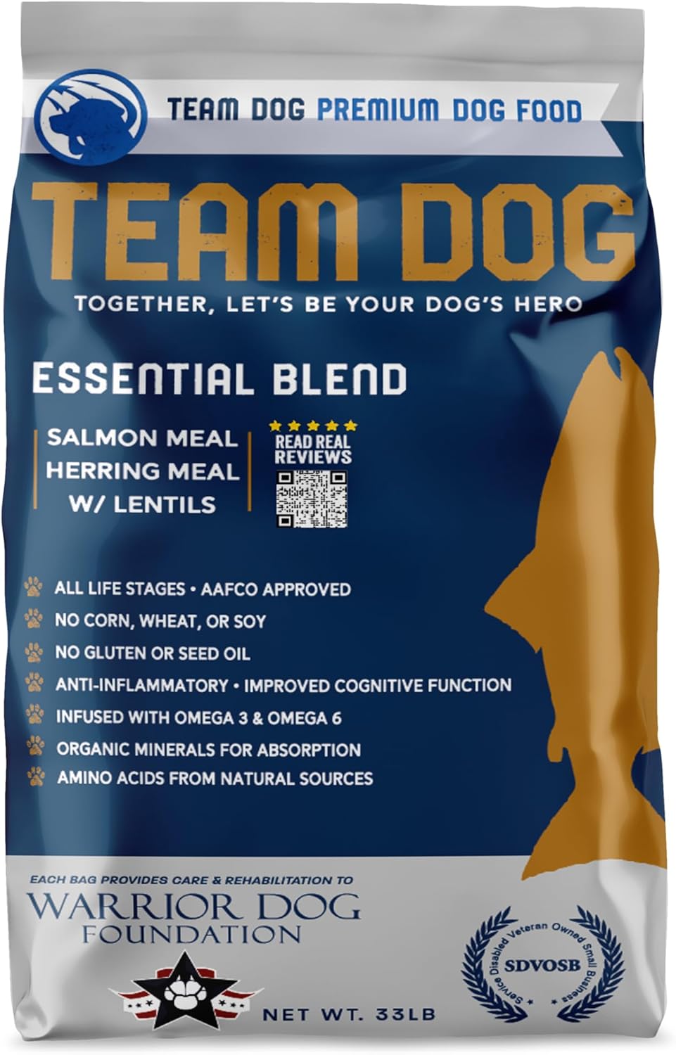 Team Dog Essential Blend Premium Herring & Salmon Dog Food | Sensitive Stomach Dog Food | Gluten & GMO Free, No Corn, Wheat, No Soy Chicken Free | All Life Stage Formula (33 lb)