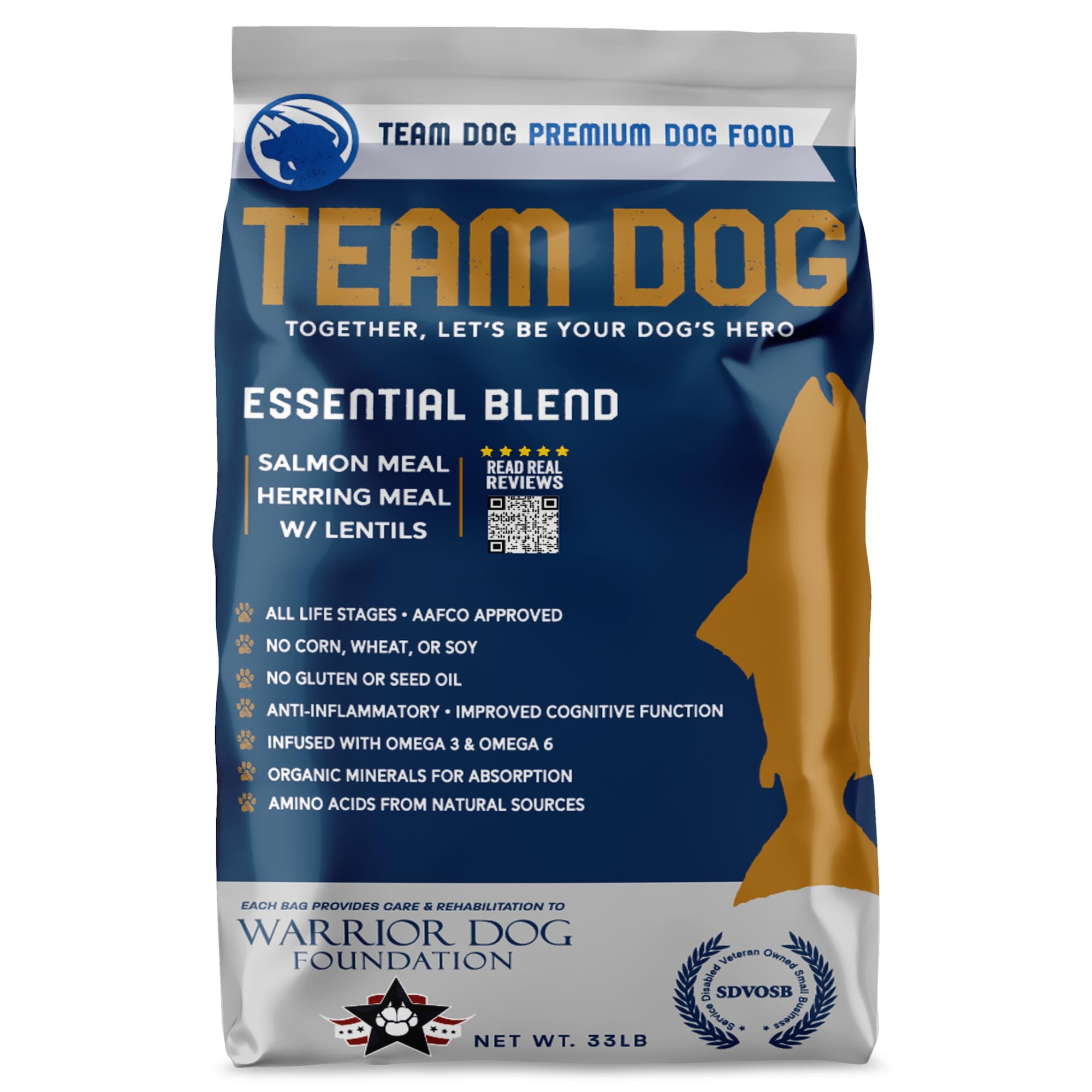 Team Dog Essential Blend Premium Herring & Salmon Dog Food | Sensitive Stomach Dog Food | Gluten & GMO Free, No Corn, Wheat, No Soy Chicken Free | All Life Stage Formula (33 lb)
