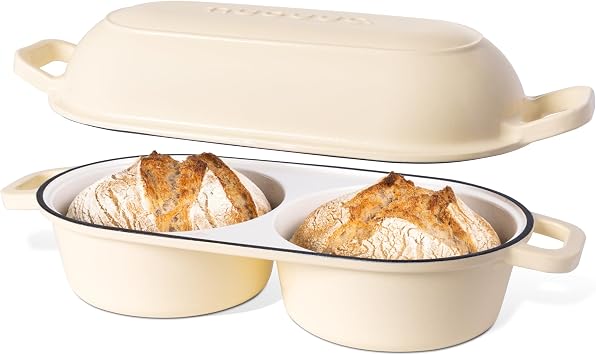 Dutch Oven For Sourdough Bread Baking Enamelled Cast Iron Bread Loaf Pot 500F Oven Safe Non Stick Bread Pot Double Round Loaf Space, 16.5cm Diameter, Cream, by Nuovva