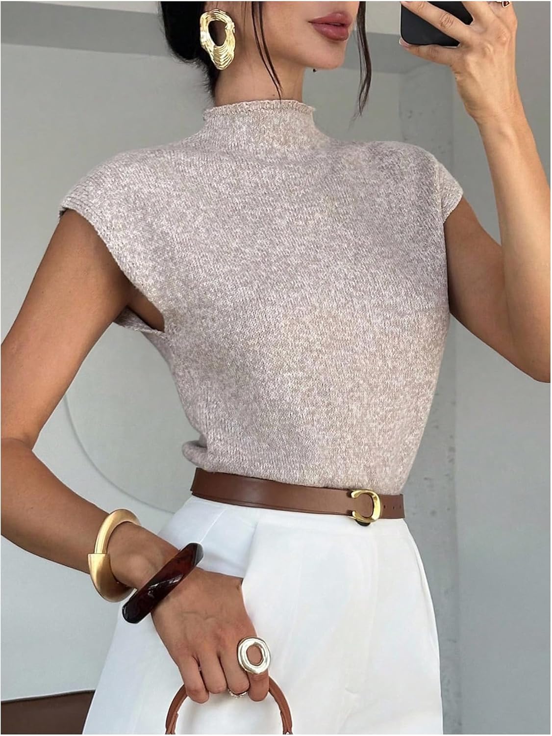 GORGLITTER Women's Cropped Sweater Tank Tops Cap Sleeve Cinched Waist Mock Neck Pullover Knit Top Business Casual Outfits - Image 3