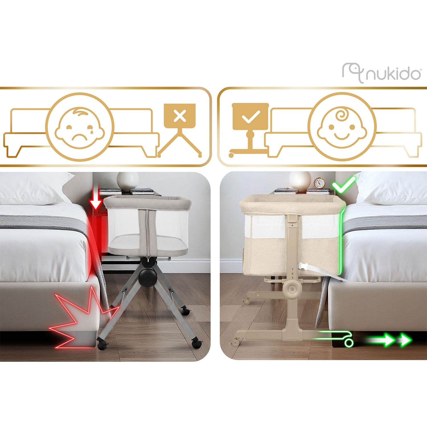 Nukido Babybett Beistellbett Reisebett - Bis 9 kg 5 Monate - Mit Matratze - Klappbar - Auf Rollen - Höhenverstellbar - Beige