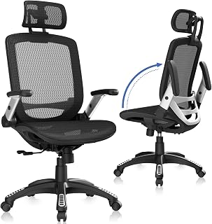 GABRYLLY Ergonomic High Back Mesh Office Chair with Headrest, Flip-Up Arms, Lumbar Support, 90-120° Tilt - Big & Tall Task Chair, Black