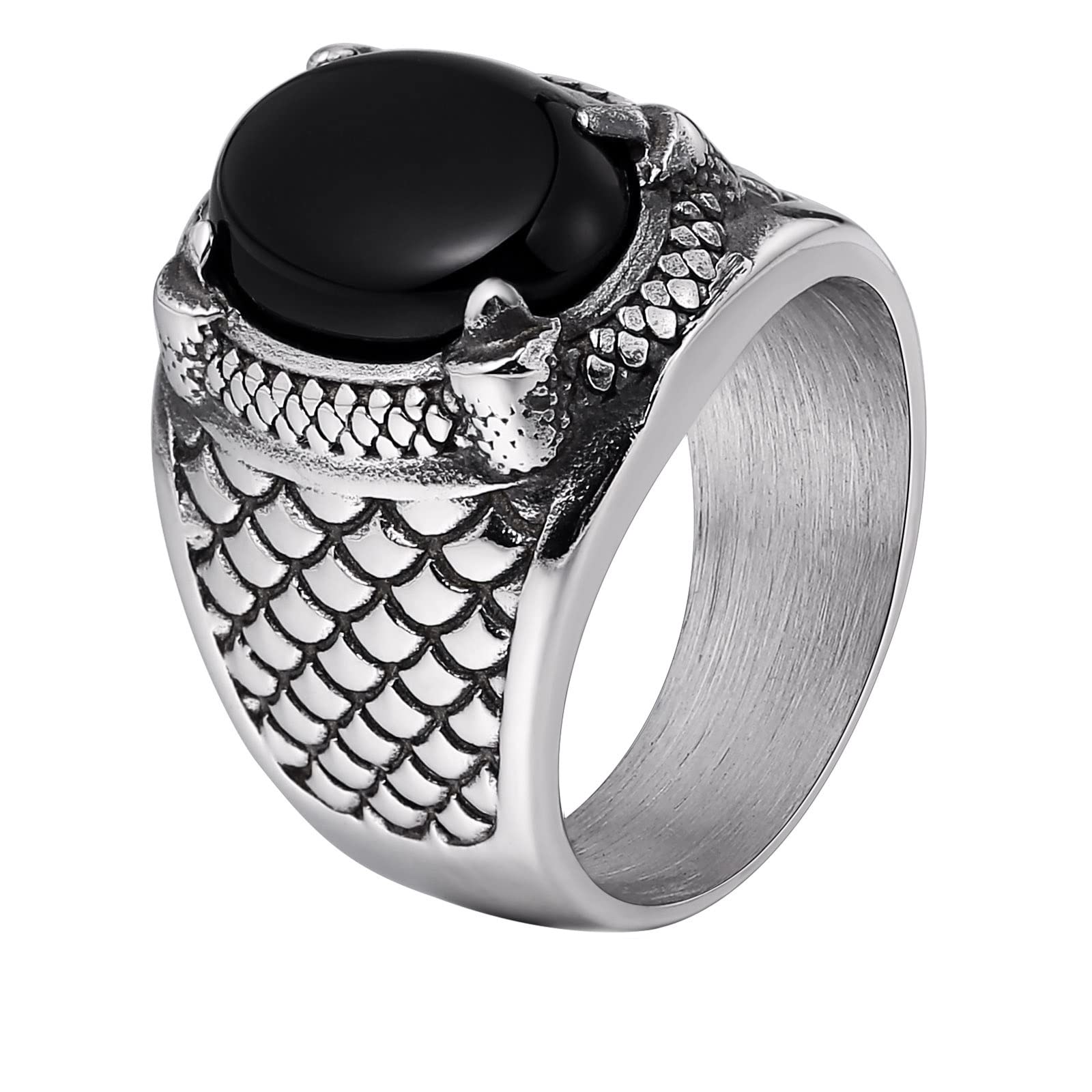 Anello Fidanzamento Acciaio Anelli Uomo Donna Anello Artiglio del Drago con Pietra Ovale Nera Anelli Uomo Argento Taglia 15 to 25