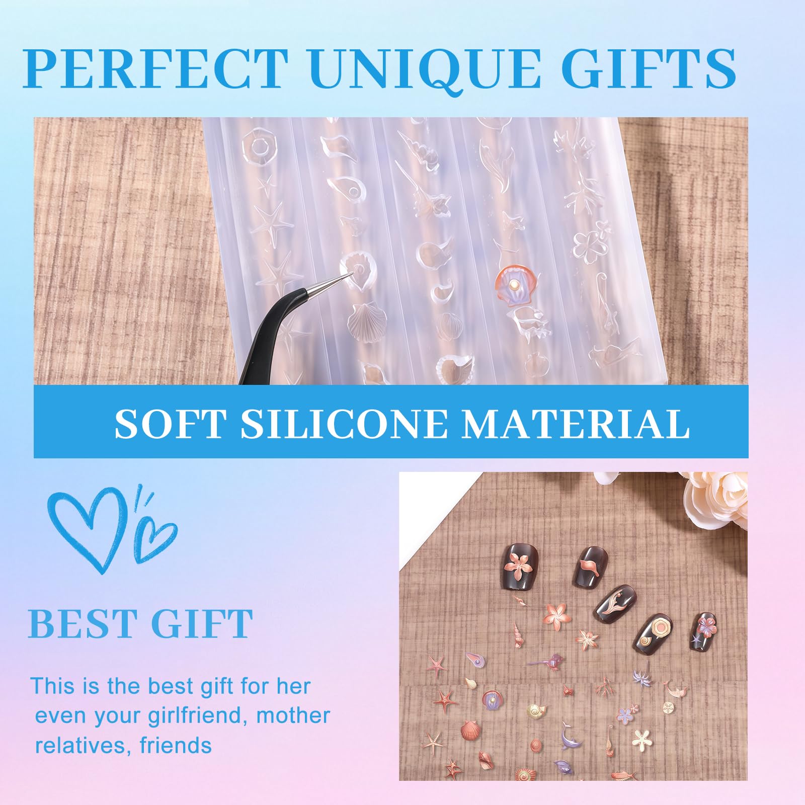 3D Gel Nail Art Mold Set Verano Mar & Conchas DIY Accesorios Uñas Flexible Transparente