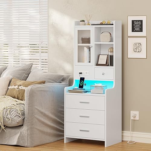 Miniatura 2 de ADORNEVE - Mesita de noche alta con estación de carga y luces LED, mesita de noche de 49.2" con estantería, mesa de noche blanca con cajones, mesa