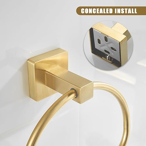 Miniatura 8 de Leyden Toallero de mano dorado cepillado, anillo de toalla de baño, colgadores de toalla de mano de baño montado en la pared medio redondo moderno