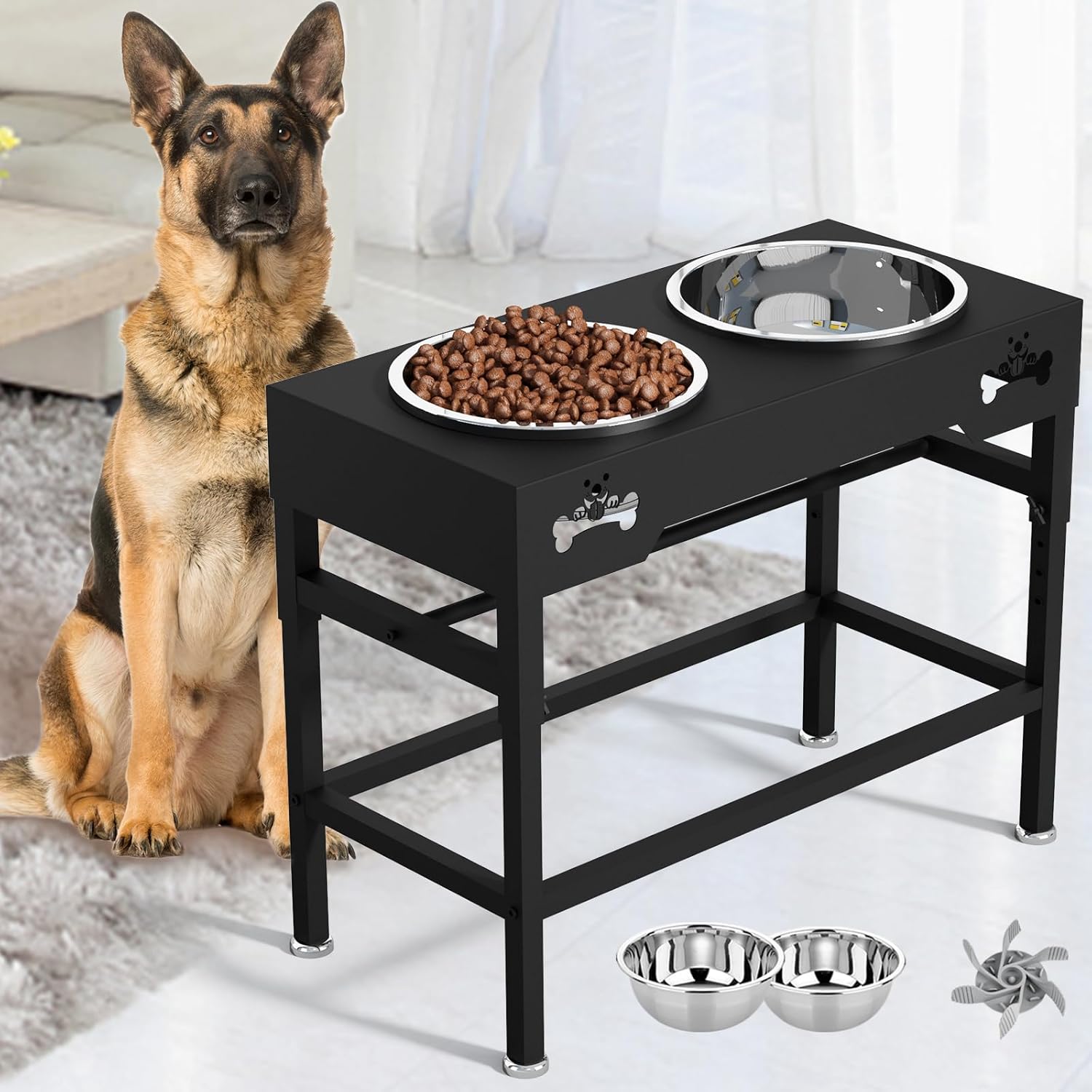 Elevated Dog Bowls Raised Pets Bowl Stand with 2 Large Water Food Bowls Wooden Elevated Raised Dog Bowls for Larger Medium Small Sized Dogs (Black Metal, Large 4L)