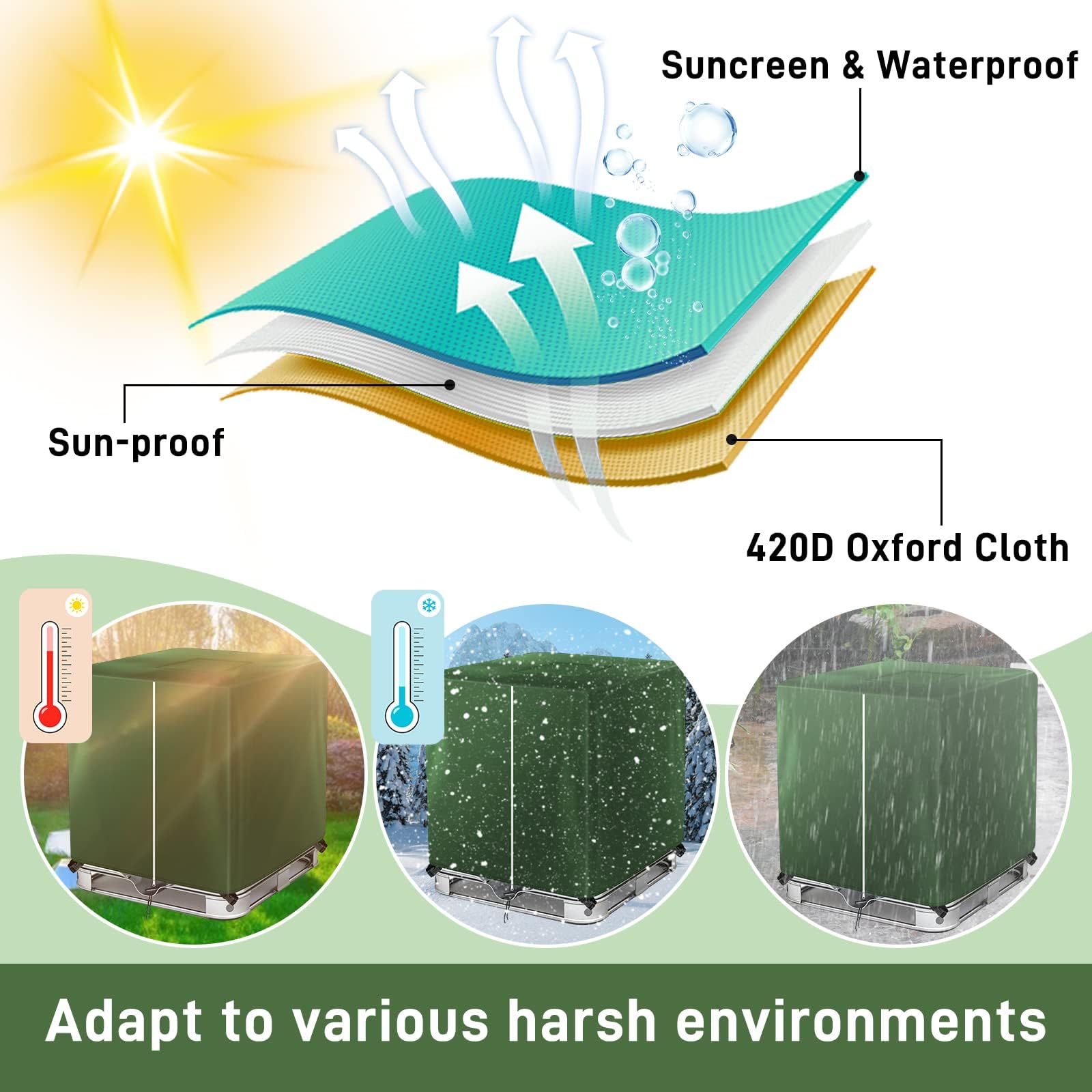 Housse de Réservoir IBC 420D 1000L,Réservoir D'eau Couvercle,Anti-UV Housse Protection Cuve,Bâche de Protection,Accessoires Cuve 1000L (Vert)