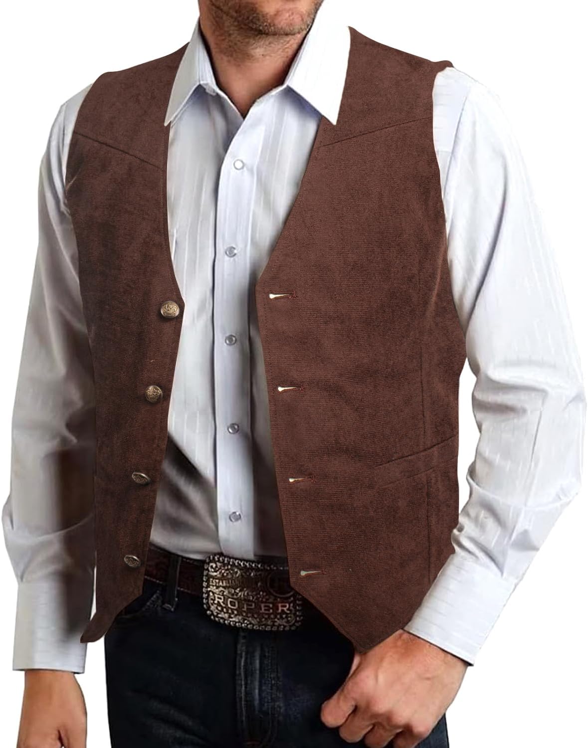 Hi-Tie Men's Suede Leather Vest Western Cowboy Vest Slim Fit Sleeveless V Neck Waistcoat Casual