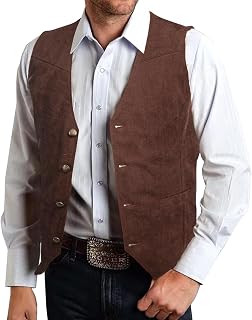 Men's Suede Leather Vest Western Cowboy Vest Slim Fit Sleeveless V Neck Waistcoat Casual