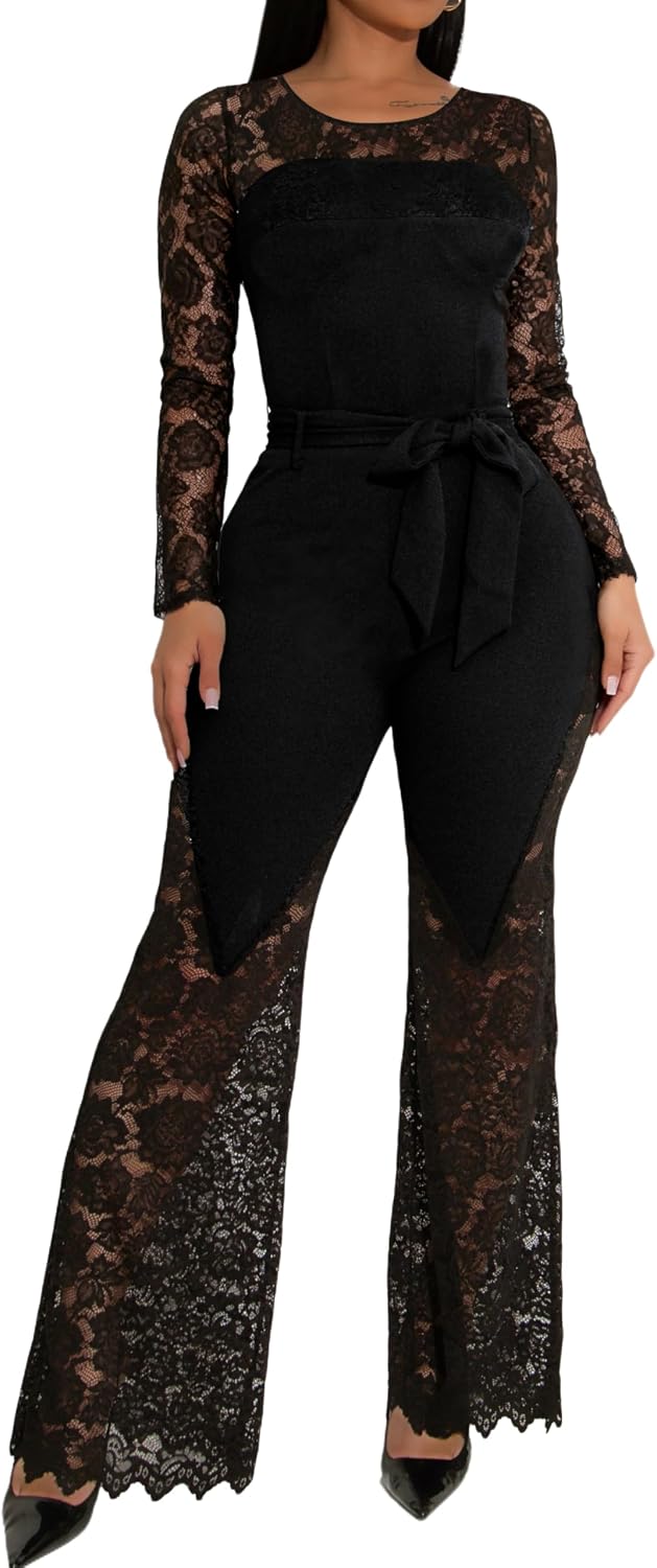 sexycherry Formal Jumpsuit for Women Dressy Elegant Lace Long Straight Pants Jumpsuits for Party Club with Zipper