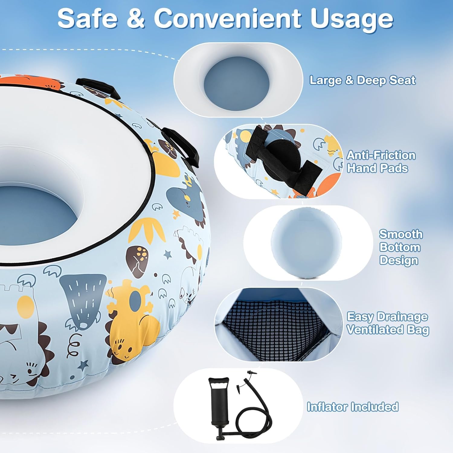 Diagram showing features of the DORTALA snow tube including large seat, anti-friction hand pads, smooth bottom, easy drainage bag, and included inflator
