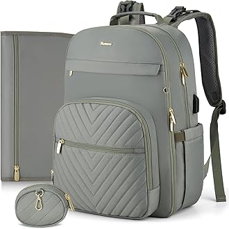 MOMUVO Diaper Bag Backpack, Quilted Baby Bag with Changing Pad & Stroller Straps & Pacifier Case, Multifunction Waterproof Travel Diaper Bags, Unisex, Olive Green