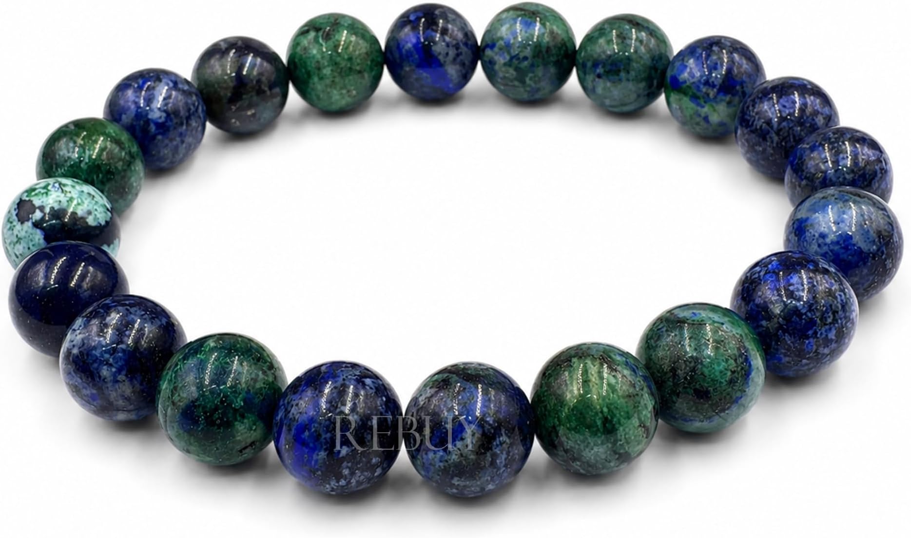 REBUY Natural Azurite Malachite Bracelet 10mm – Premium Healing Crystal Stone Beads Bracelet for Men & Women – Adjustable Stretch Energy Bracelet for Protection, Balance & Positivity