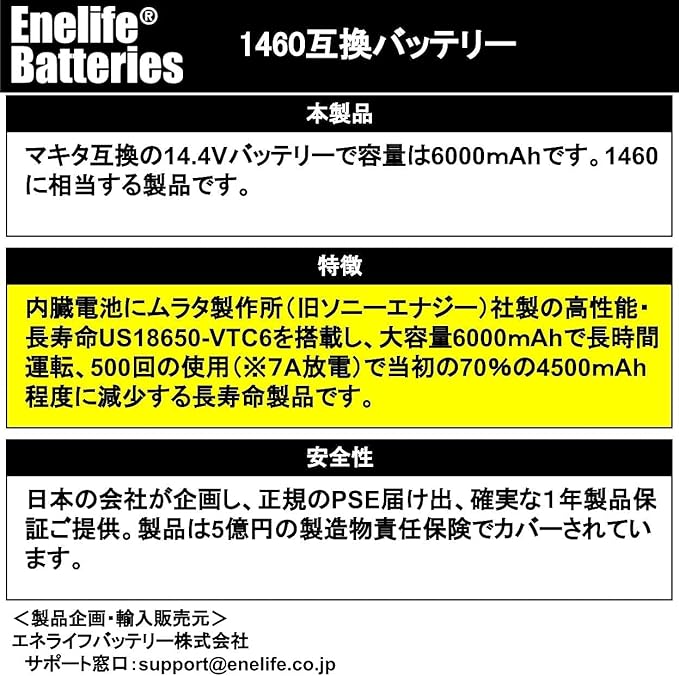 Amazon マキタ互換 Enelife 1460 純正品と同じ電池を搭載 長寿命 14 4v 6000mah バッテリー 日本メーカーによる保証とサポート 正規pseマーク 5億円製造物責任保険付保 バッテリー Amazon マキタ互換 Enelife 1460 純正品と同じ電池を搭載 長寿命 14 4v 6000mah バッテリー 日本メーカーによる保証とサポート 正規pseマーク 5億円製造物責任保険付保 バッテリー