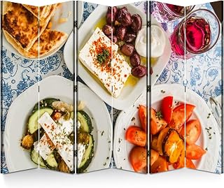 Wood Screen Room Divider Greek Appetizers from Above Folding Screen Canvas Privacy Partition Panels Dual-Sided Wall Divider Indoor Display Shelves 6 Panels