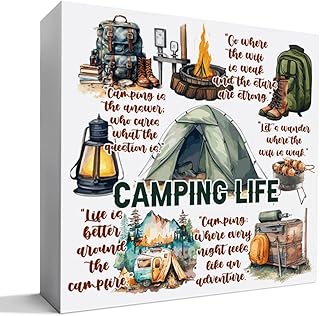 Camping Desk Decorations Wooden Sign, Camp Decor for Home Cabin RV Camper, Camper Gifts for Women Men Camp Lover, Camping Life