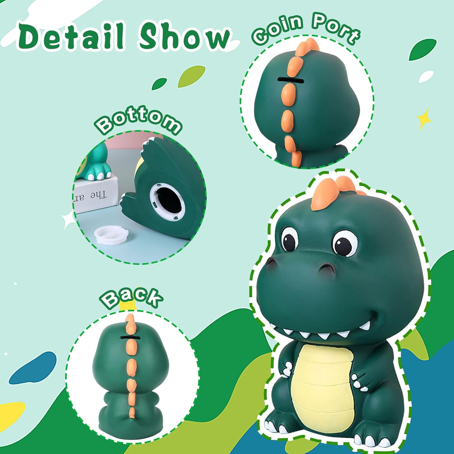 Dinosaur Piggy Bank, Unbreakable Plastic Money Coin Bank, Cute Kids Piggy Bank for Boys Toddler, Great Gifts for Birthday, Christmas, Baby Shower (Dark Green)