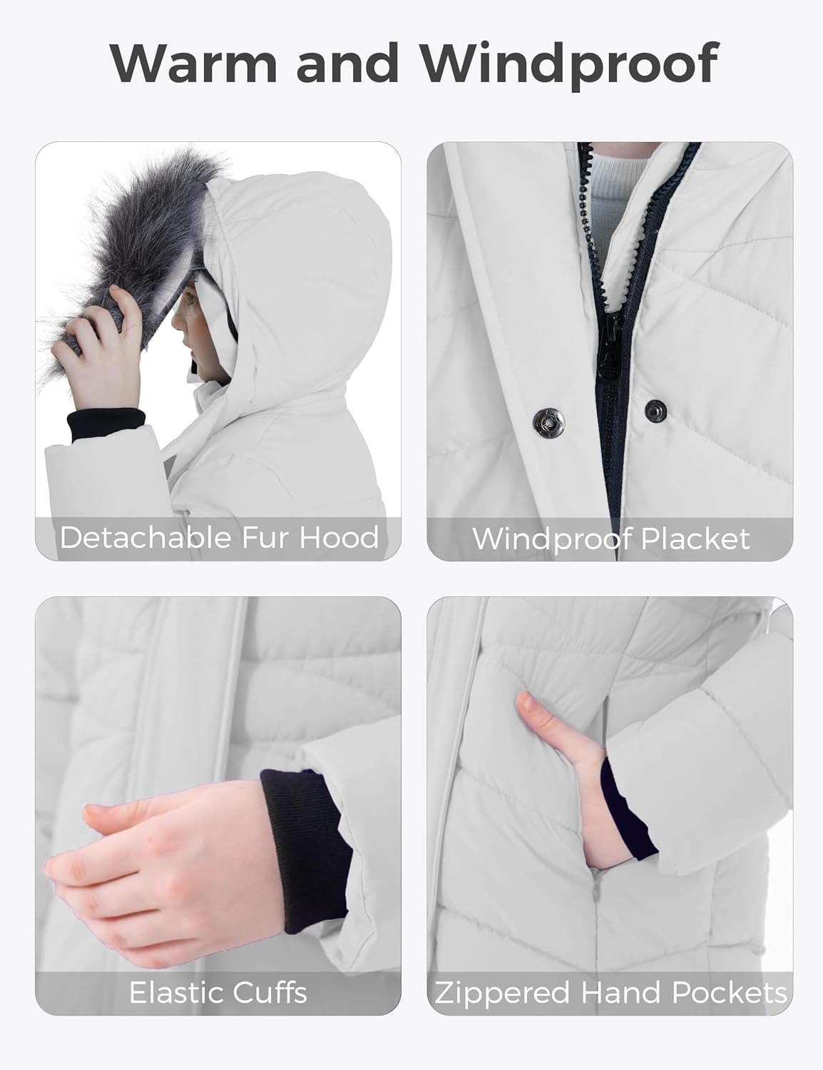 wantdo Girls Winter Coats Long Puffer Jackets Fleece Lined Removable Hood
