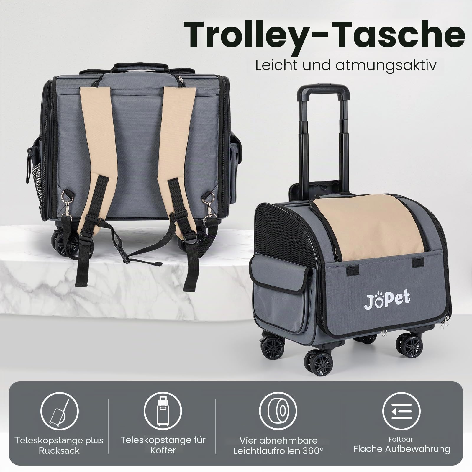 Haustiertasche Tragetasche mit Rollen, Haustierrucksack mit Rollen, kleine Hundetragetasche, Katzentragetasche, abnehmbare Räder, Reisetasche, Haustierwagen, weiche Seitentrage mit Rollen,