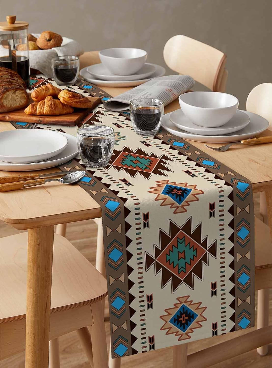 Southwestern Table Runner 72 Inches Long for Dining Table, Cotton Linen Farmhouse Table Runner Washable Coffee Runners for Kitchen Dresser Holiday Ethnic Illustration of a Zigzags Art 18x72in