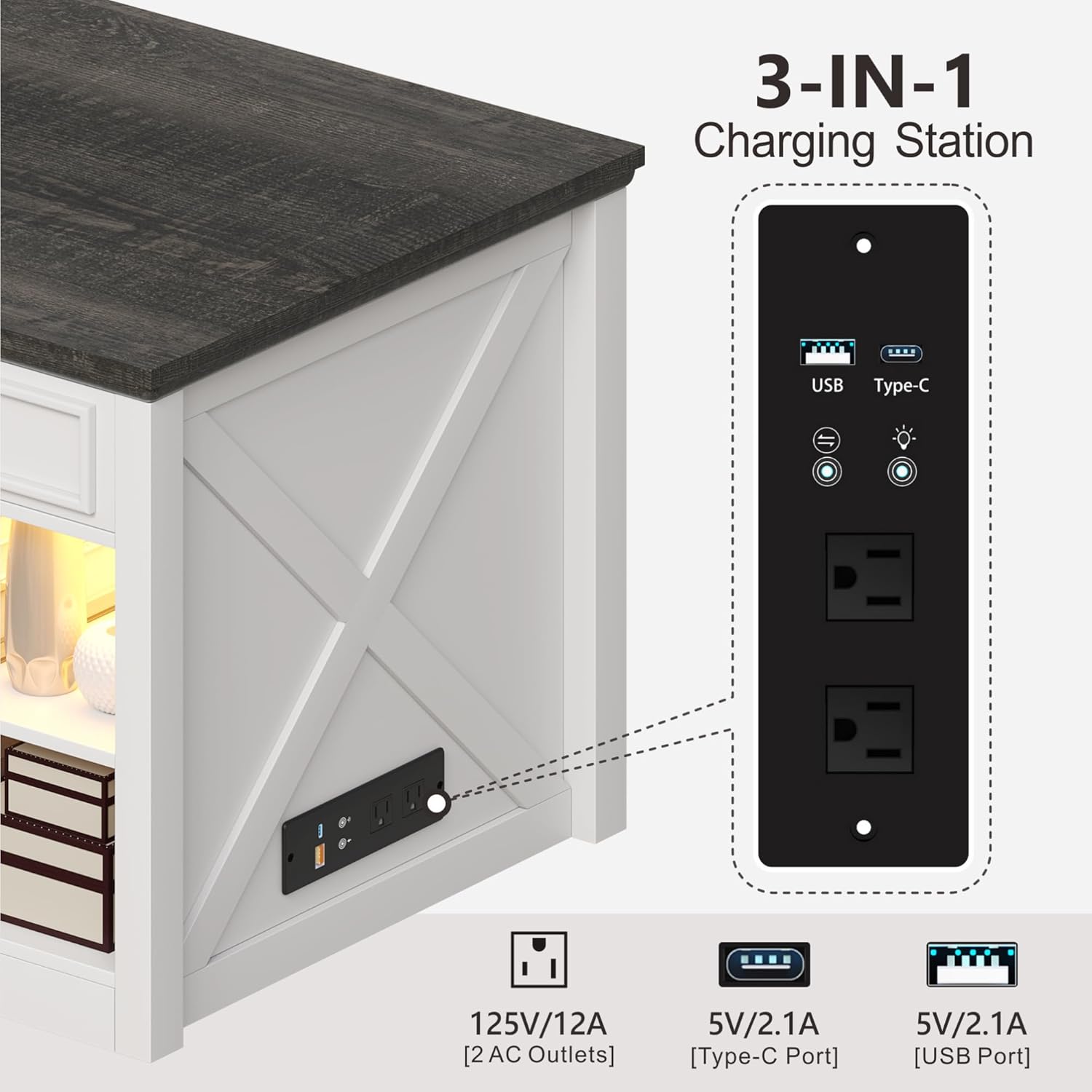 47" Modern Lift Top Coffee Table with Hidden Storage,3 Color LED Center Table with Charging Station,Adjustable Shelf&2 Drawers, Farmhouse Coffee Table for Living Room,White