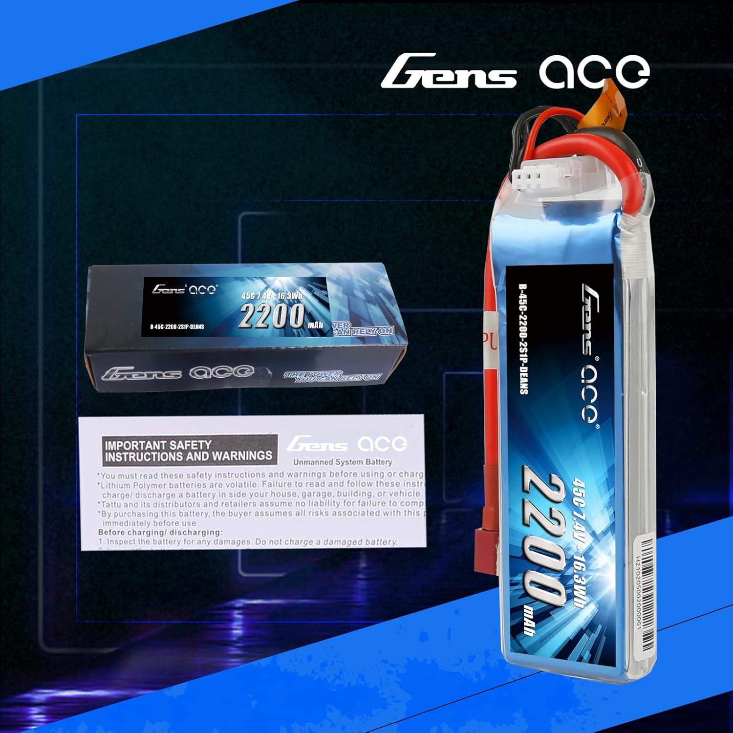 Gens ace 7.4V 2200mAh 2S 45C LiPo Battery Pack Deans Plug for 70MM EDF Rc Plane 450 Helicopter Rc Boat