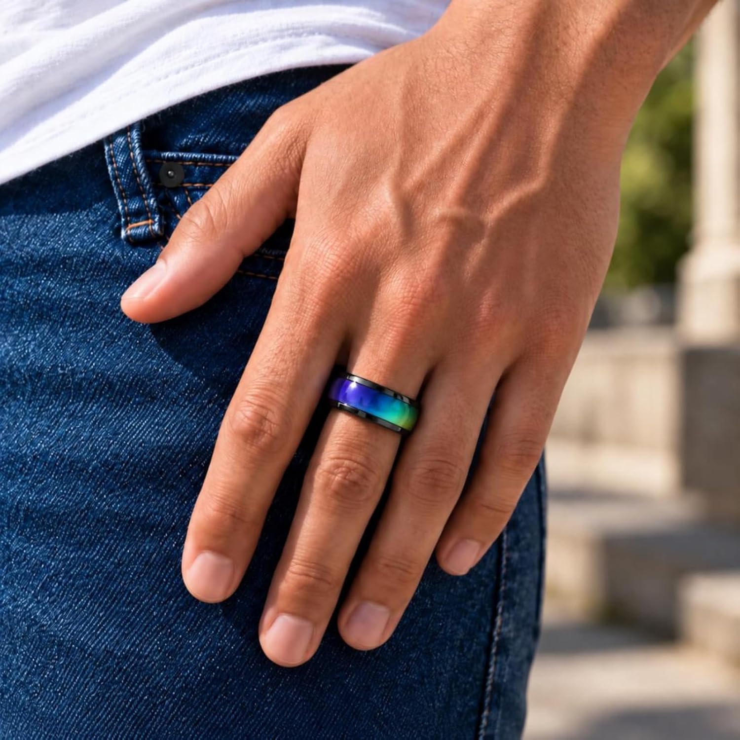 Ello Elli 8mm Color Changing Mood Ring for Men & Women, Stainless Steel Comfort Fit Mood Ring, Silver & Black Band