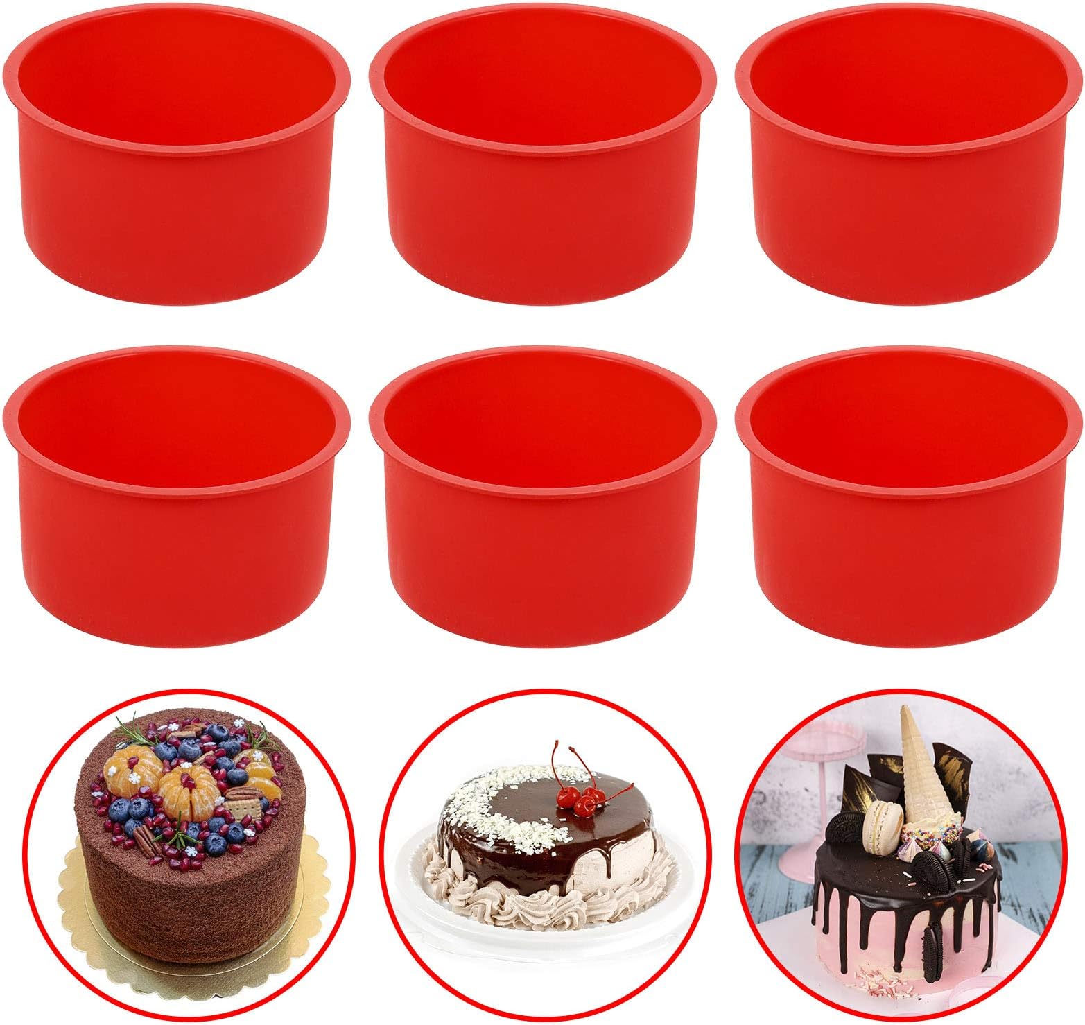 6 Pcs Silicone Cake Mould for Baking, 4 Inch Non-Stick Round Cake Pan Cake Tins Bakeware Baking Molds Tins for Mousse Muffin Pudding Cupcake Bread (Red)